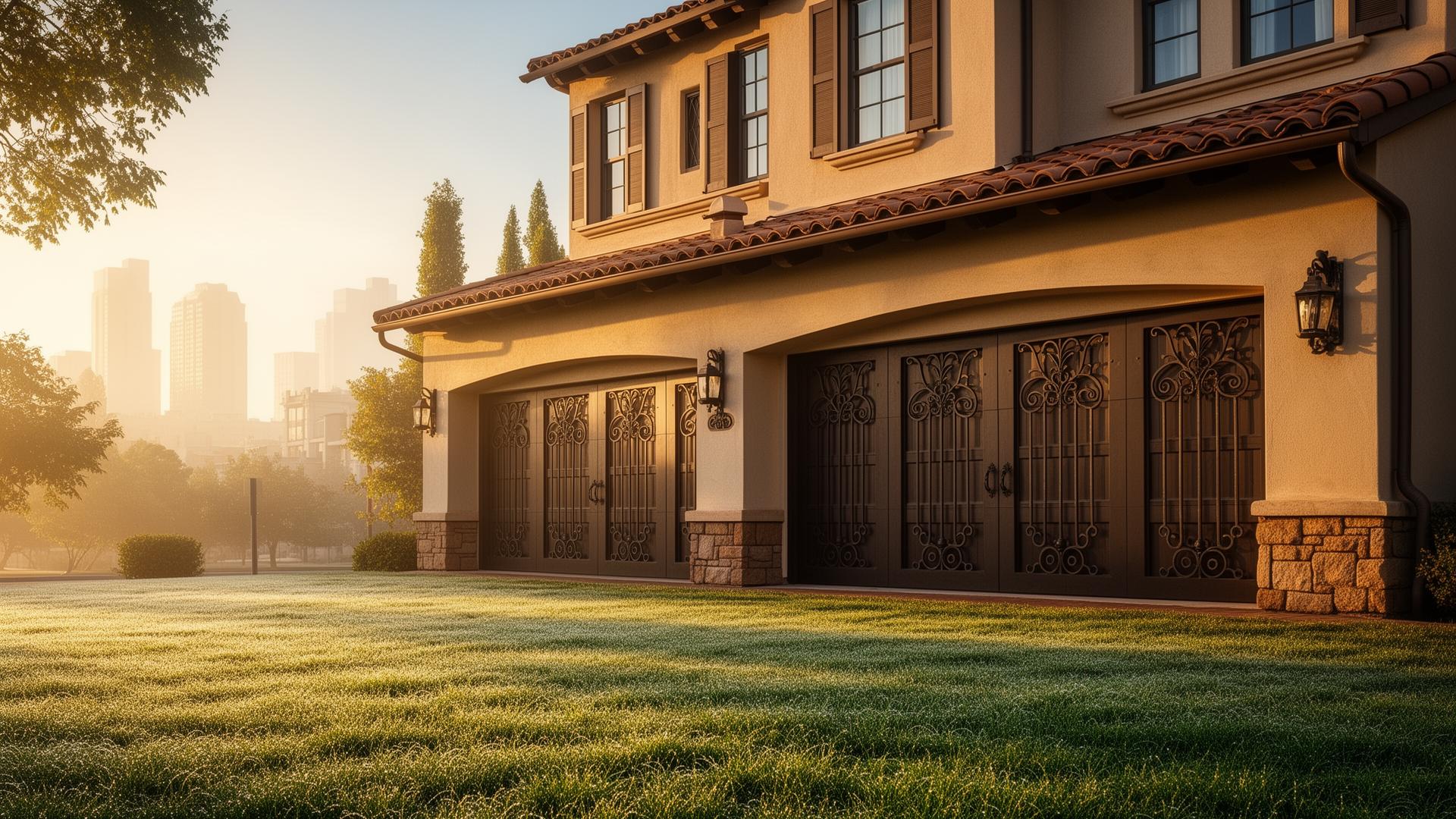 Beautiful Spanish colonial style garage doors with decorative iron grilles on upscale townhouse in Mattapoisett